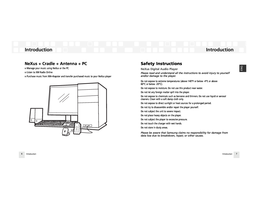 Samsung AH81-02185A XM manual NeXus + Cradle + Antenna + PC, Safety Instructions, NeXus Digital Audio Player, Introduction 