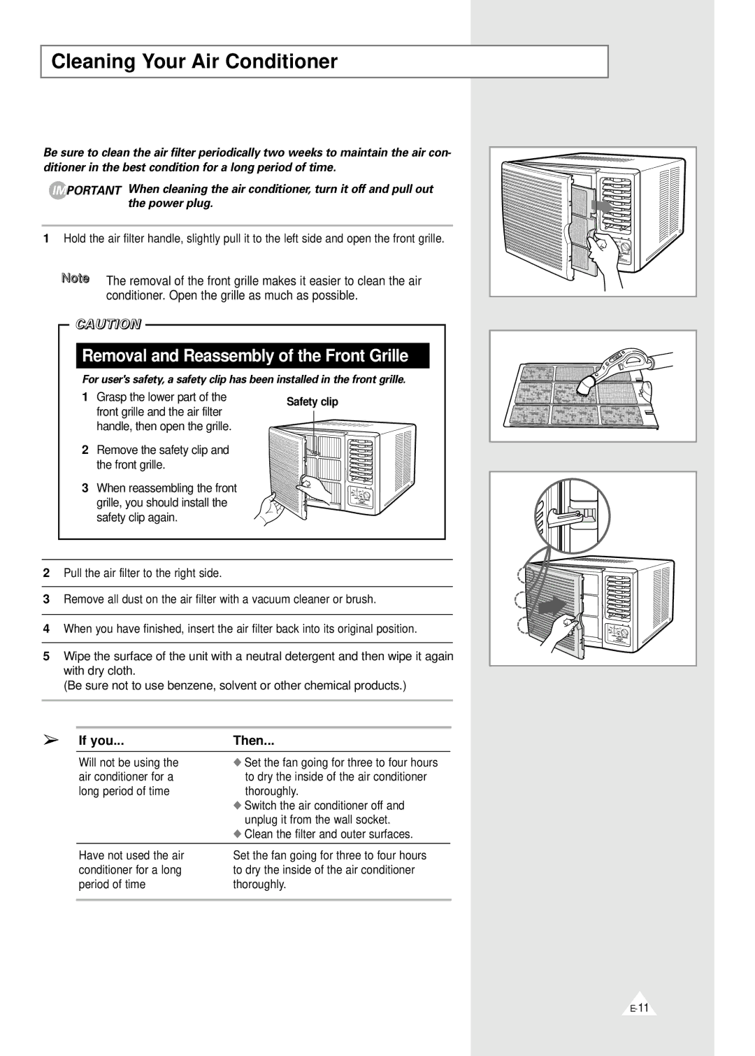 Samsung AHT24F1MEB6SAR manual Cleaning Your Air Conditioner, Removal and Reassembly of the Front Grille 