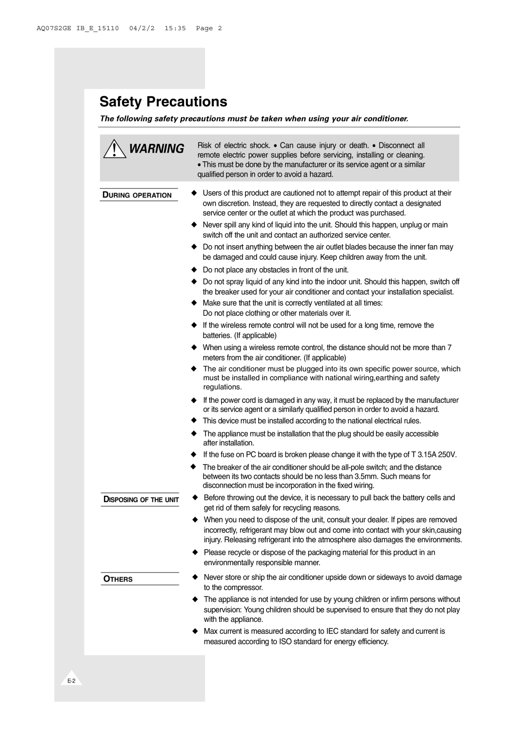 Samsung AHT24F1MEB6SAR manual Safety Precautions 