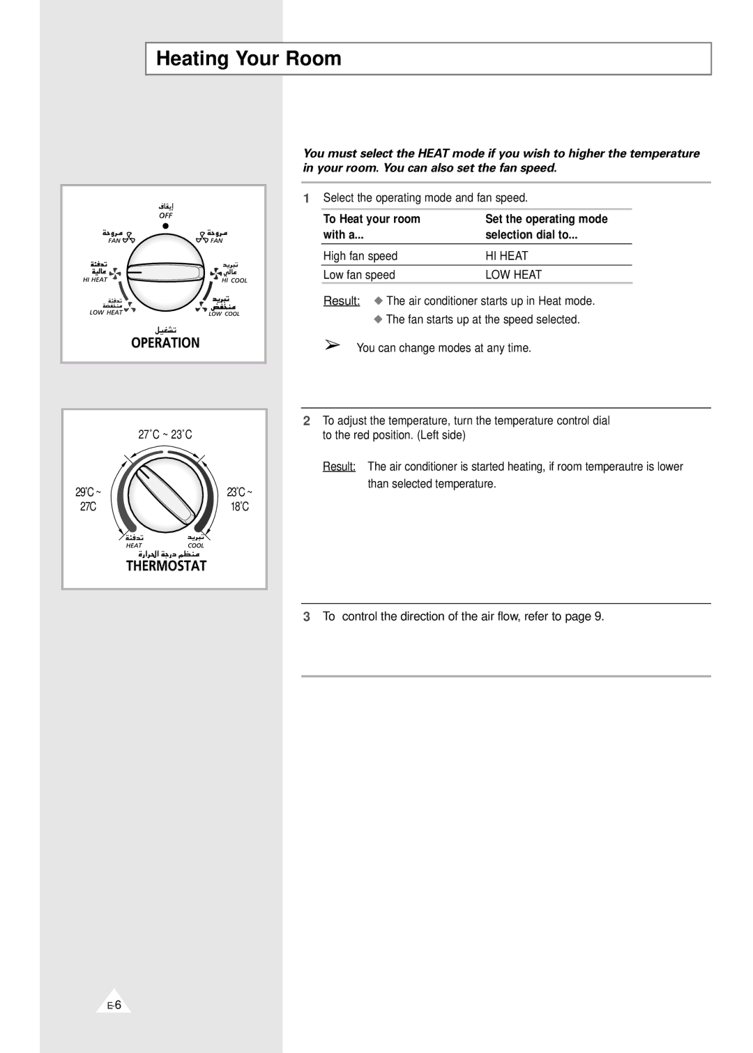 Samsung AHT24F1MEB6SAR manual Heating Your Room, LOW Heat 