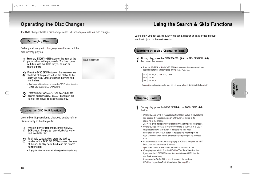 Samsung AK68-00029C, 20030516154437687 Operating the Disc Changer, Using the Search & Skip Functions, Exchanging Discs 