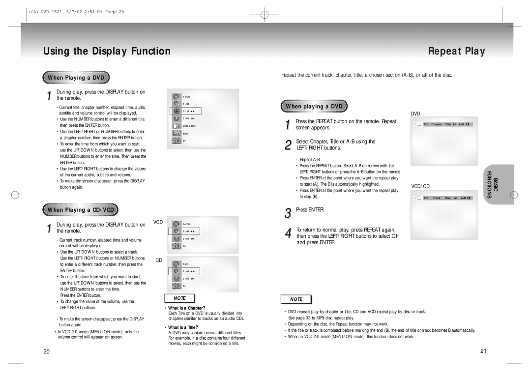 Samsung 20030516154437687, AK68-00029C Using the Display Function Repeat Play, Hen p layin g a DV D, When Playing a CD/VCD 