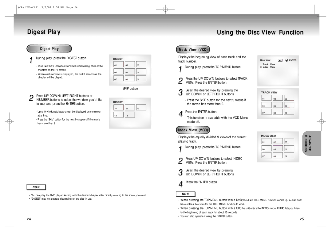 Samsung 20030516154437687 manual Digest Play Using the Disc View Function, Diges t Play, Track View VCD, Index View VCD 