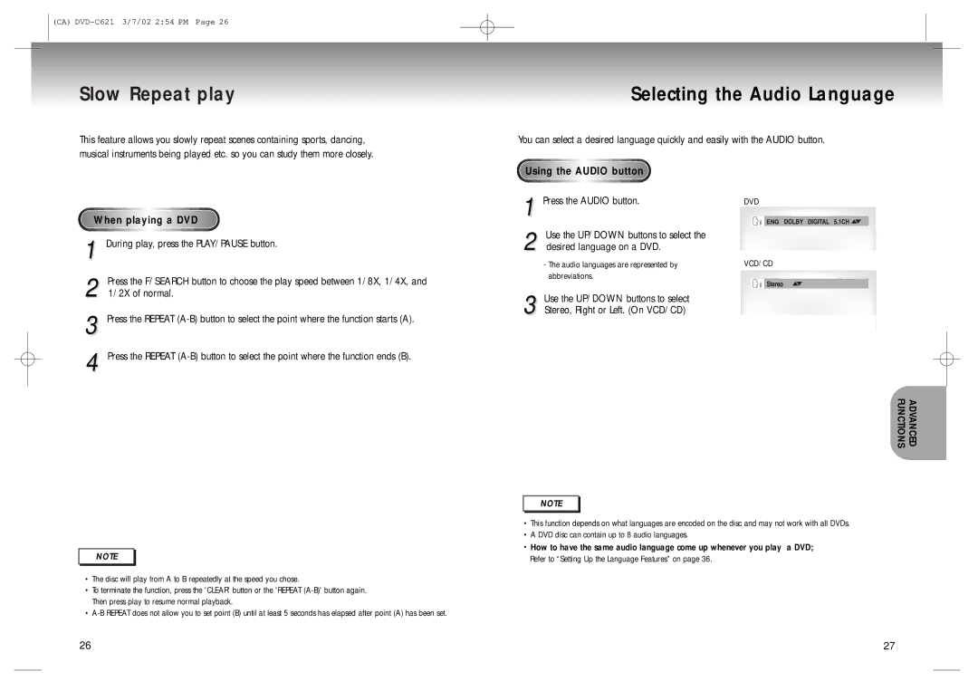 Samsung AK68-00029C manual Slow Repeat play Selecting the Audio Language, When playing a DVD, Press the Audio button 