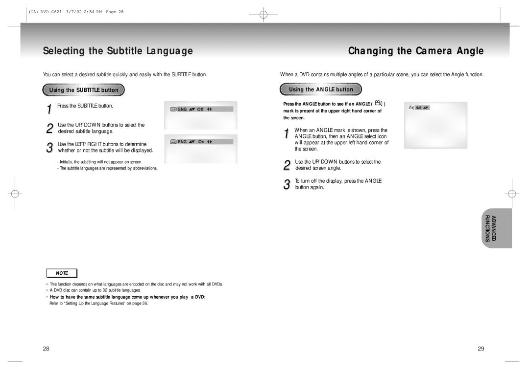 Samsung 20030516154437687, AK68-00029C manual Selecting the Subtitle Language Changing the Camera Angle, Functions 