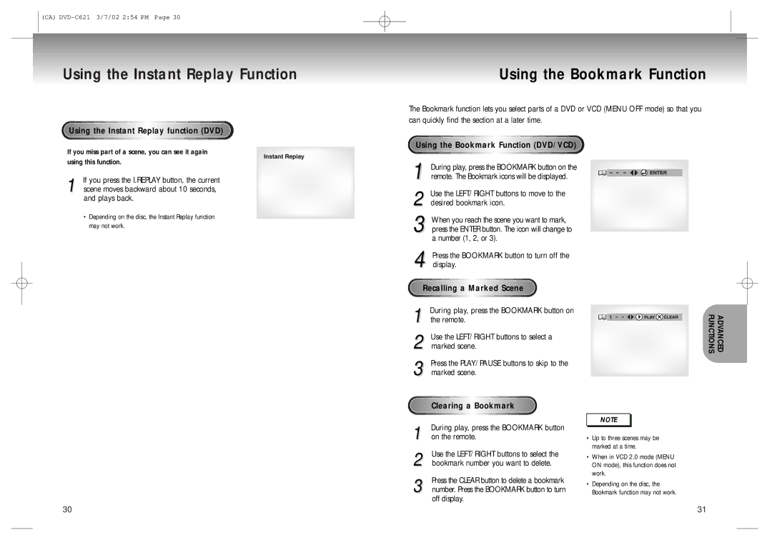 Samsung AK68-00029C manual Using the Instant Replay function DVD, Using the Bookmark Function DVD/VCD, Eca, Rked 