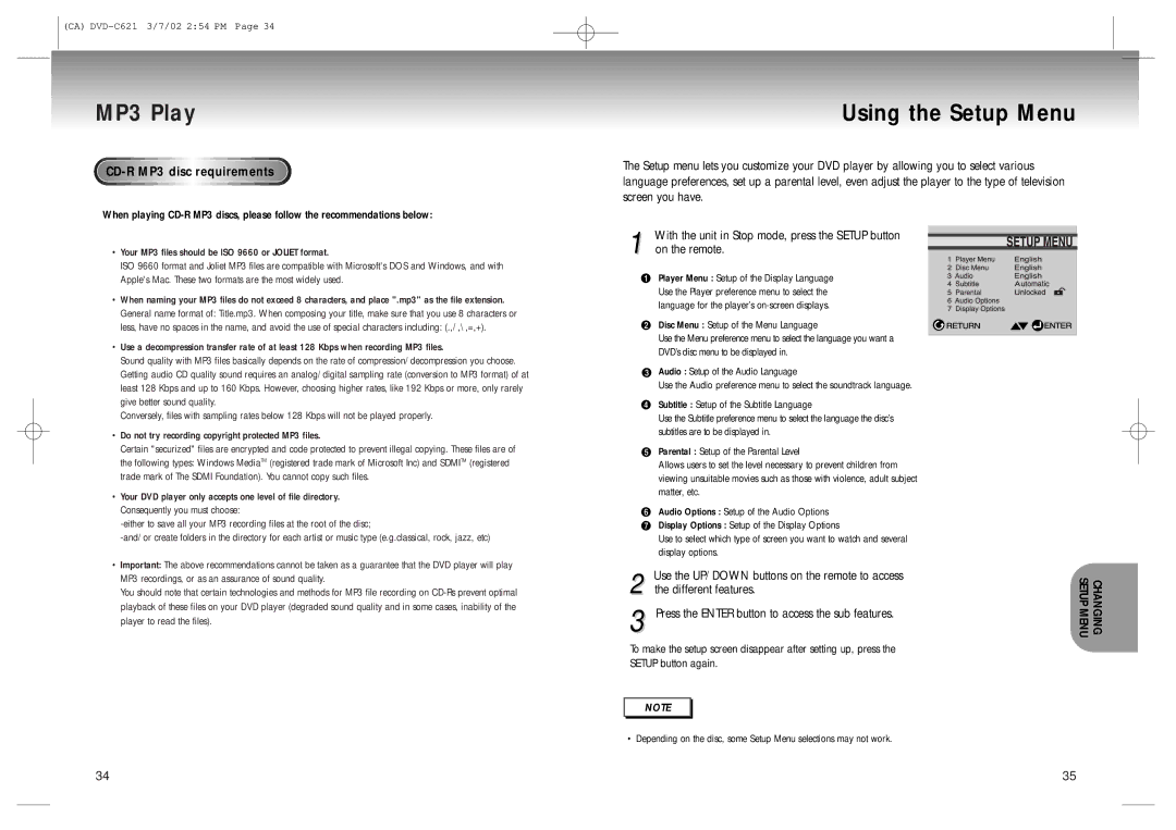 Samsung AK68-00029C Using the Setup Menu, CD-R MP3 disc requirements, Use the UP/DOWN buttons on the remote to access 