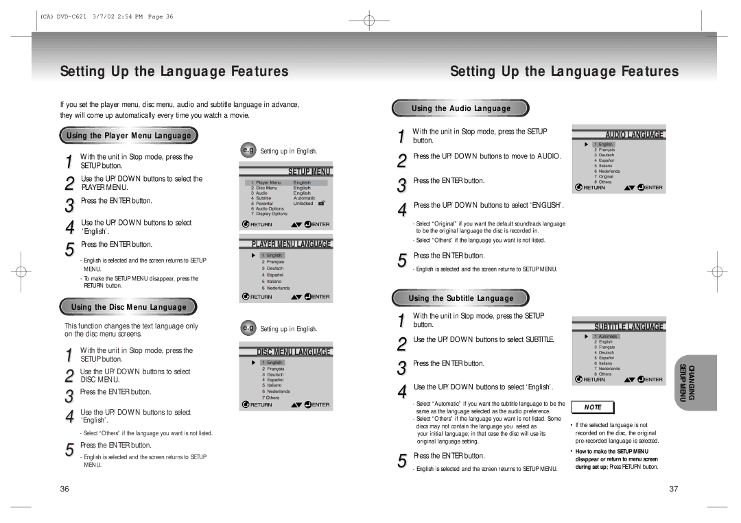 Samsung 20030516154437687, AK68-00029C manual Setting Up the Language Features 