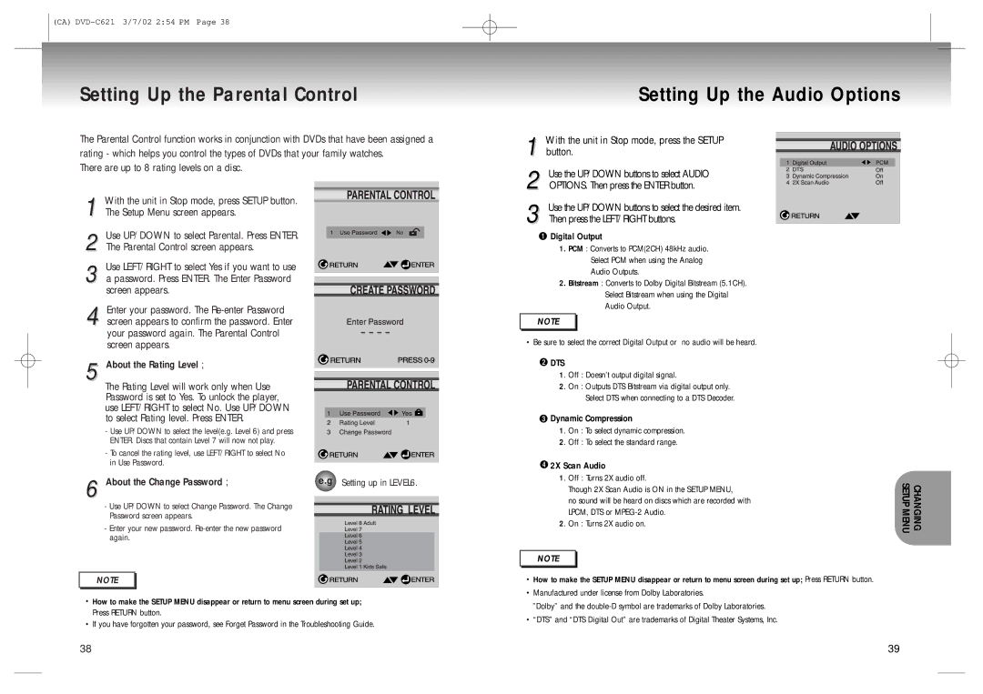 Samsung AK68-00029C, 20030516154437687 manual Setting Up the Parental Control, Setting Up the Audio Options 