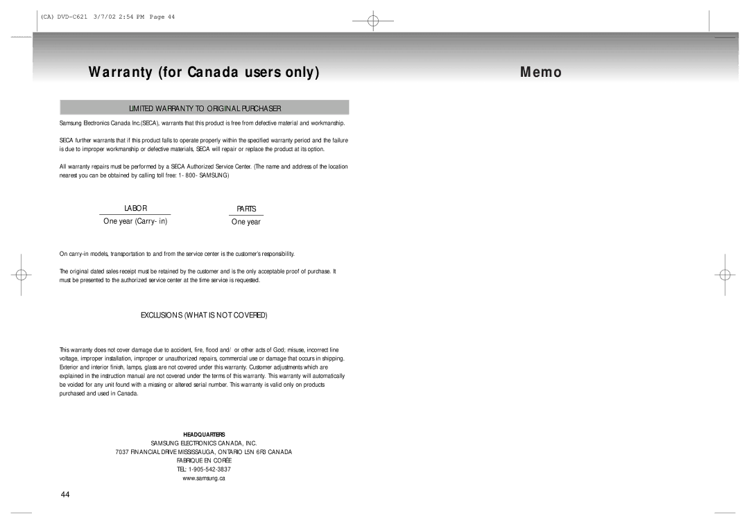 Samsung 20030516154437687 Warranty for Canada users only Memo, Limited Warranty to Original Purchaser, One year Carry 