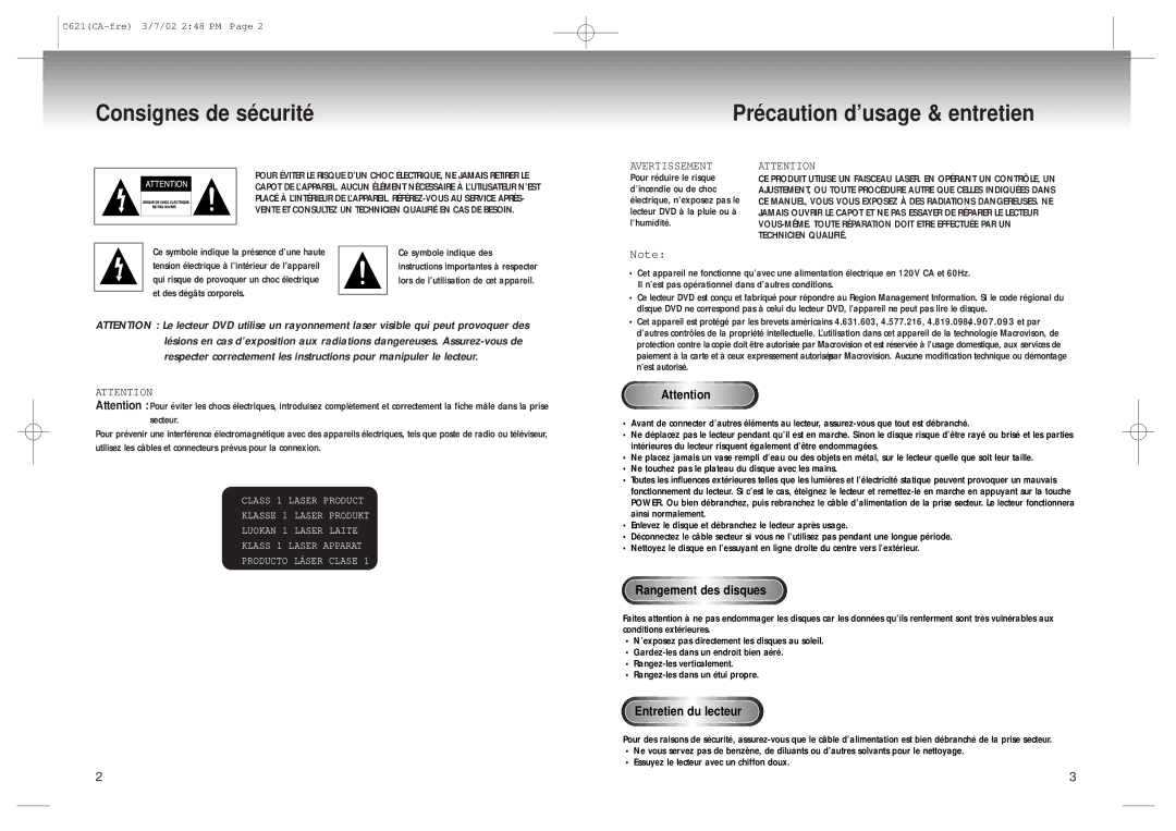 Samsung 20030516154437687, AK68-00029C manual Consignes de sécurité Précaution d’usage & entretien, Rangement des disques 