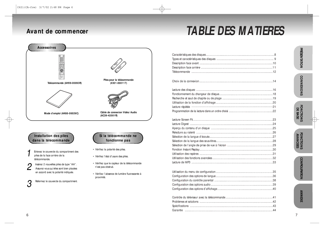 Samsung 20030516154437687, AK68-00029C manual Avant de commencer, Accessoires, Installation des piles dans la télécommande 