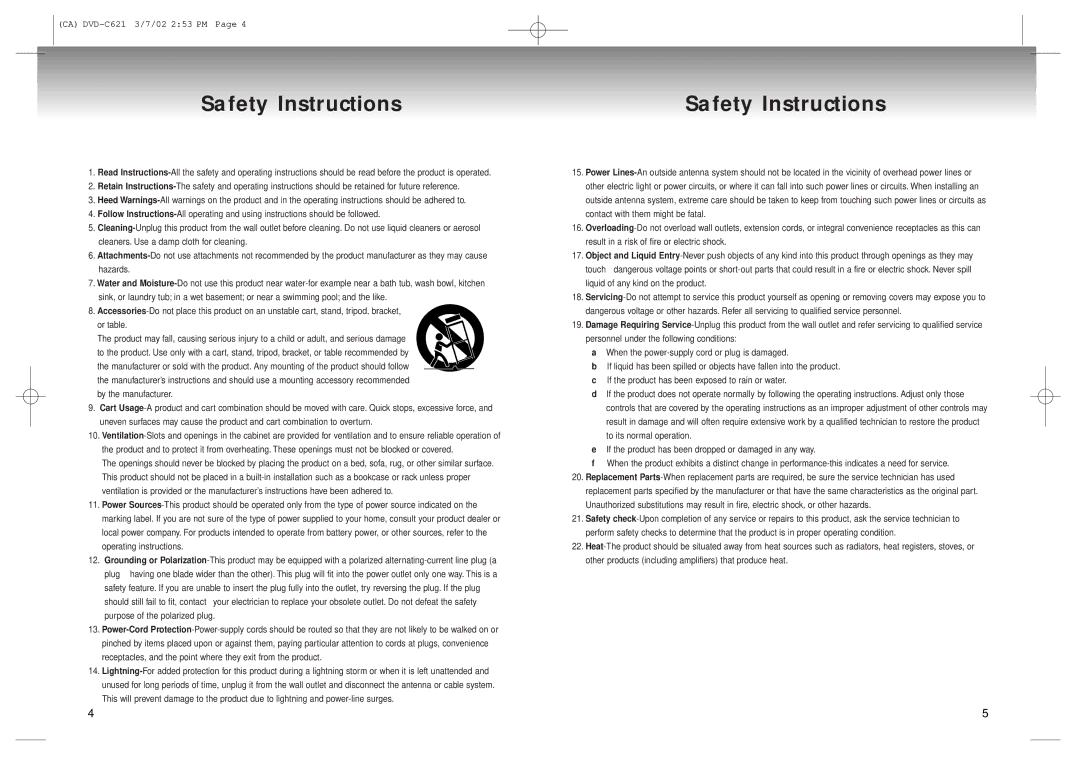 Samsung 20030516154437687, AK68-00029C manual Safety Instructions 