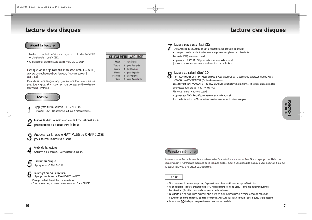 Samsung AK68-00029C Lecture des disques, Avant la lecture, Lectur e, Appuyez sur la touche OPEN/CLOSE, Fonction mémoire 