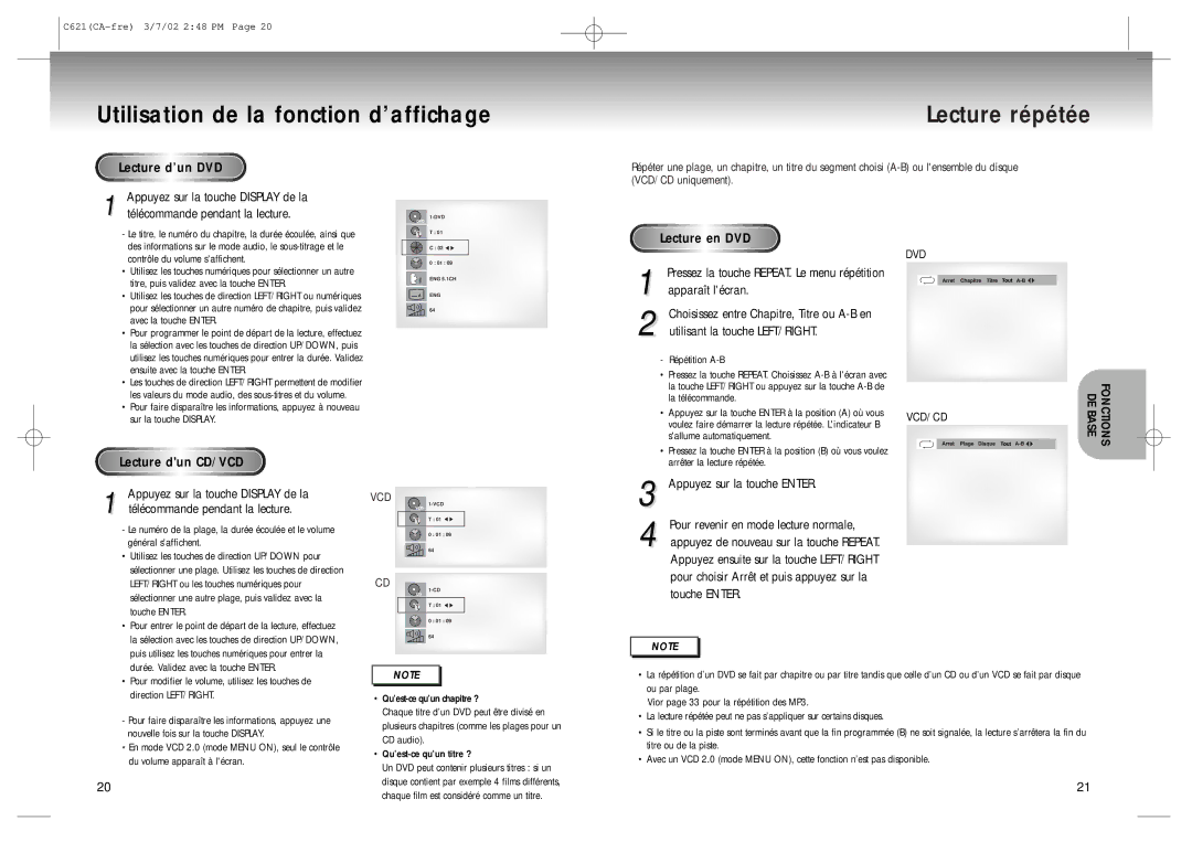 Samsung AK68-00029C, 20030516154437687 manual Utilisation de la fonction d’affichage Lecture répétée 