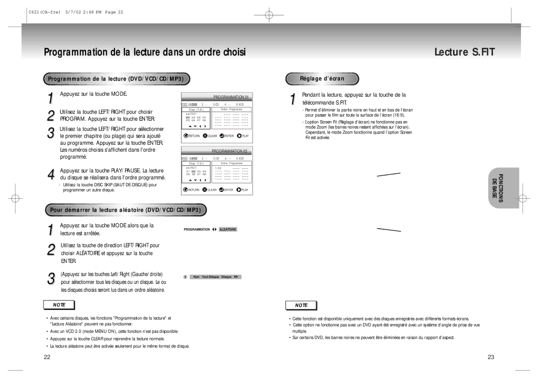 Samsung 20030516154437687 Lecture S.FIT, Appuyez sur la touche Mode, Pour démarrer la lecture aléatoire DVD/VCD/CD/MP3 