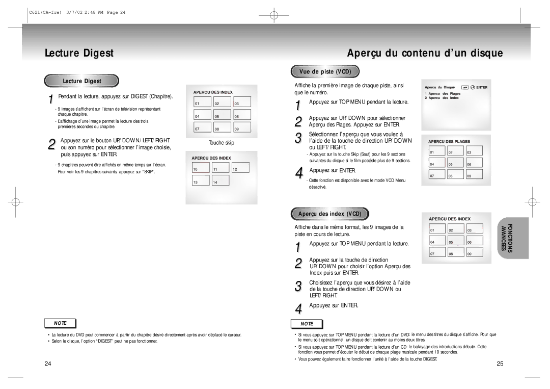 Samsung AK68-00029C manual Lecture Digest Aperçu du contenu d’un disque, Vue de piste VCD, Left/Right, Fonctions Avancees 