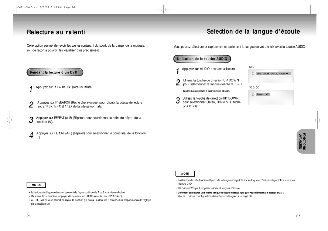 Samsung 20030516154437687, AK68-00029C Relecture au ralenti, Sélection de la langue d’écoute, Pendant la lecture d’un DVD 