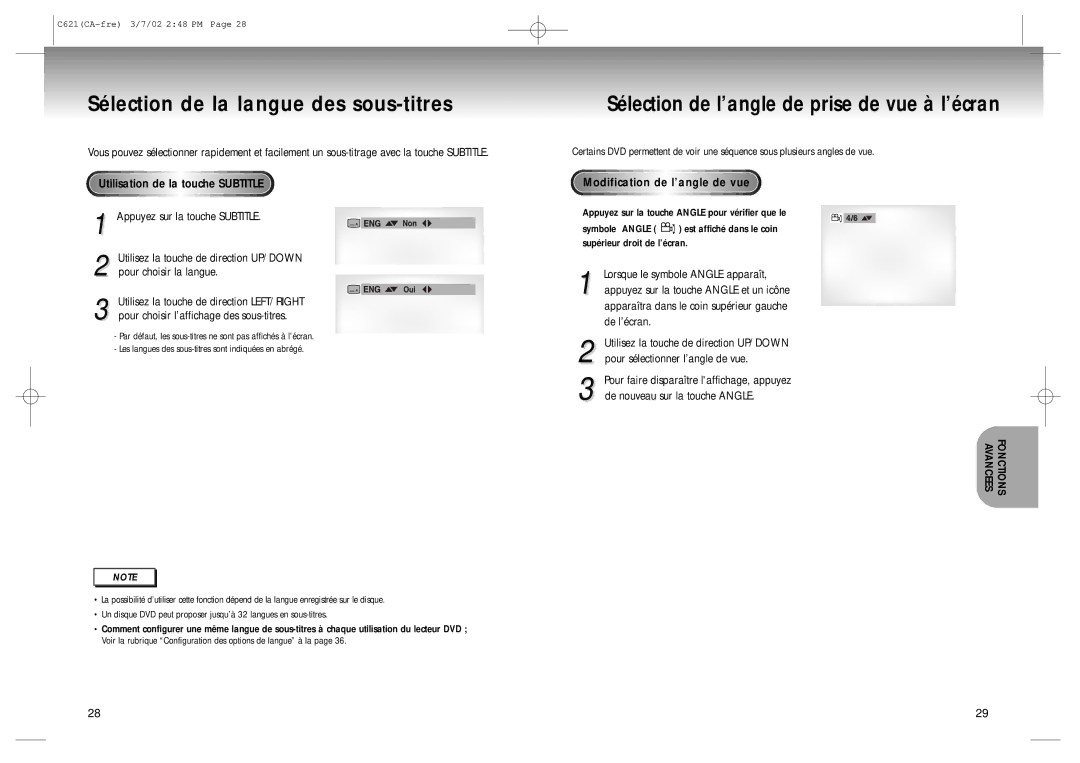 Samsung AK68-00029C Sélection de la langue des sous-titres, Voir la rubrique Configuration des options de langue à la 