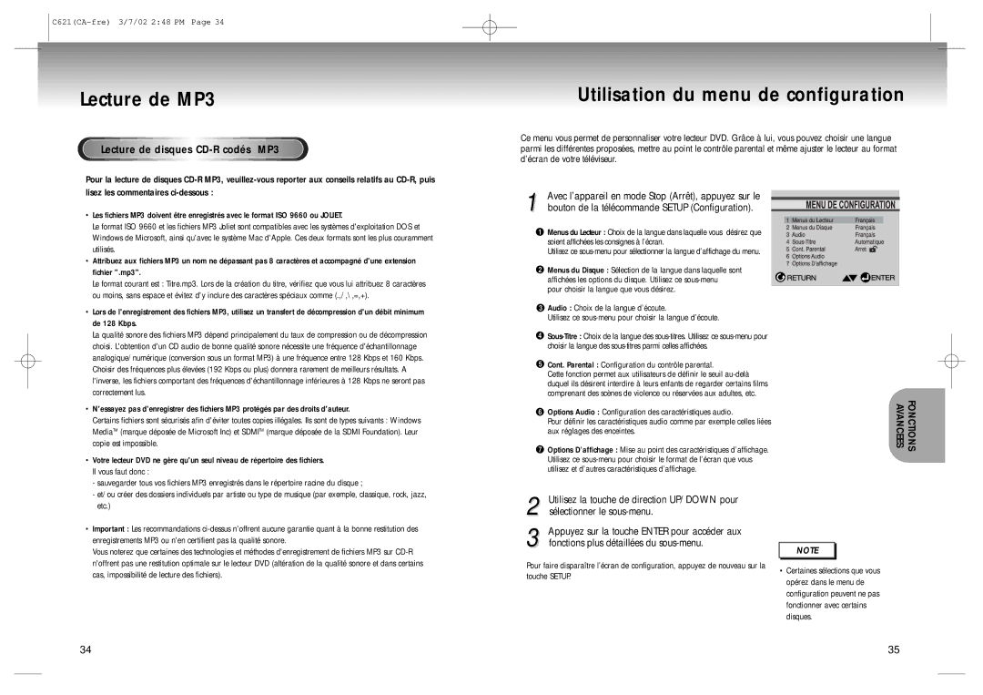 Samsung 20030516154437687, AK68-00029C manual Utilisation du menu de configuration, Lecture de disques CD-Rcodés MP3 