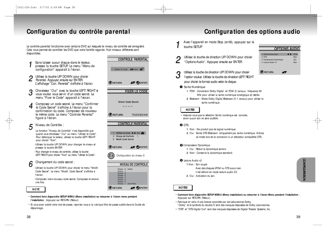 Samsung 20030516154437687 Configuration du contrôle parental, Touche Setup, Niveau de Contrôle, Changement du code secret 