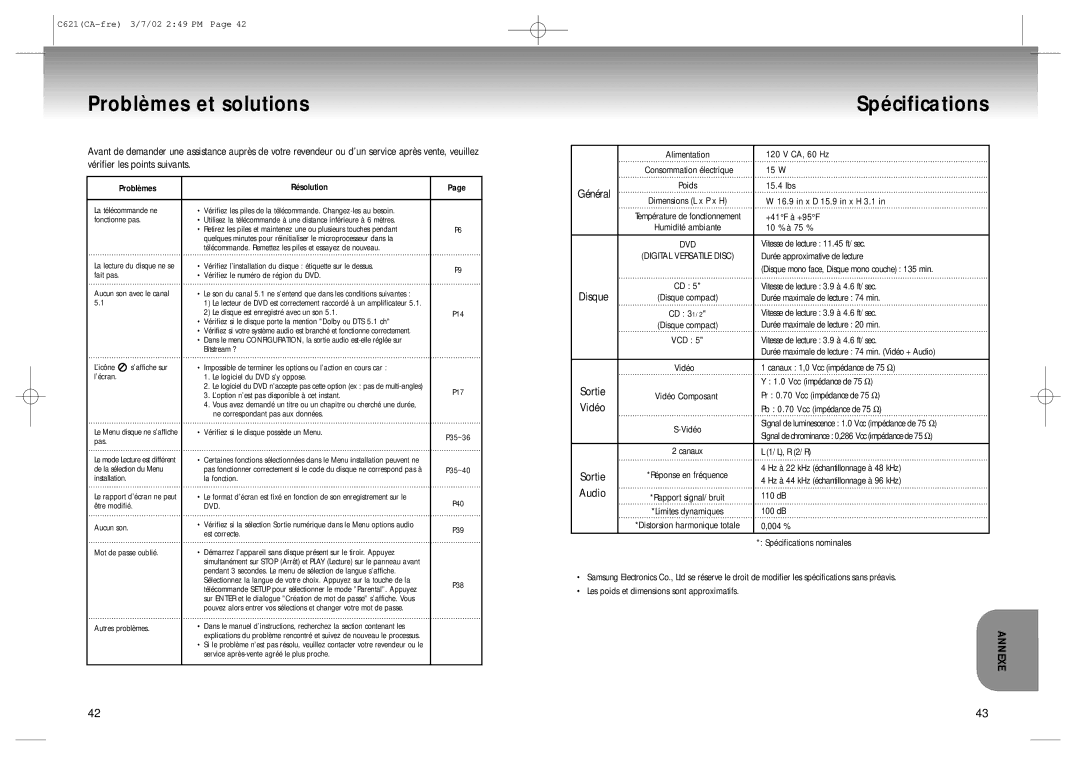 Samsung 20030516154437687, AK68-00029C manual Problèmes et solutions, Spécifications, Général, Audio 