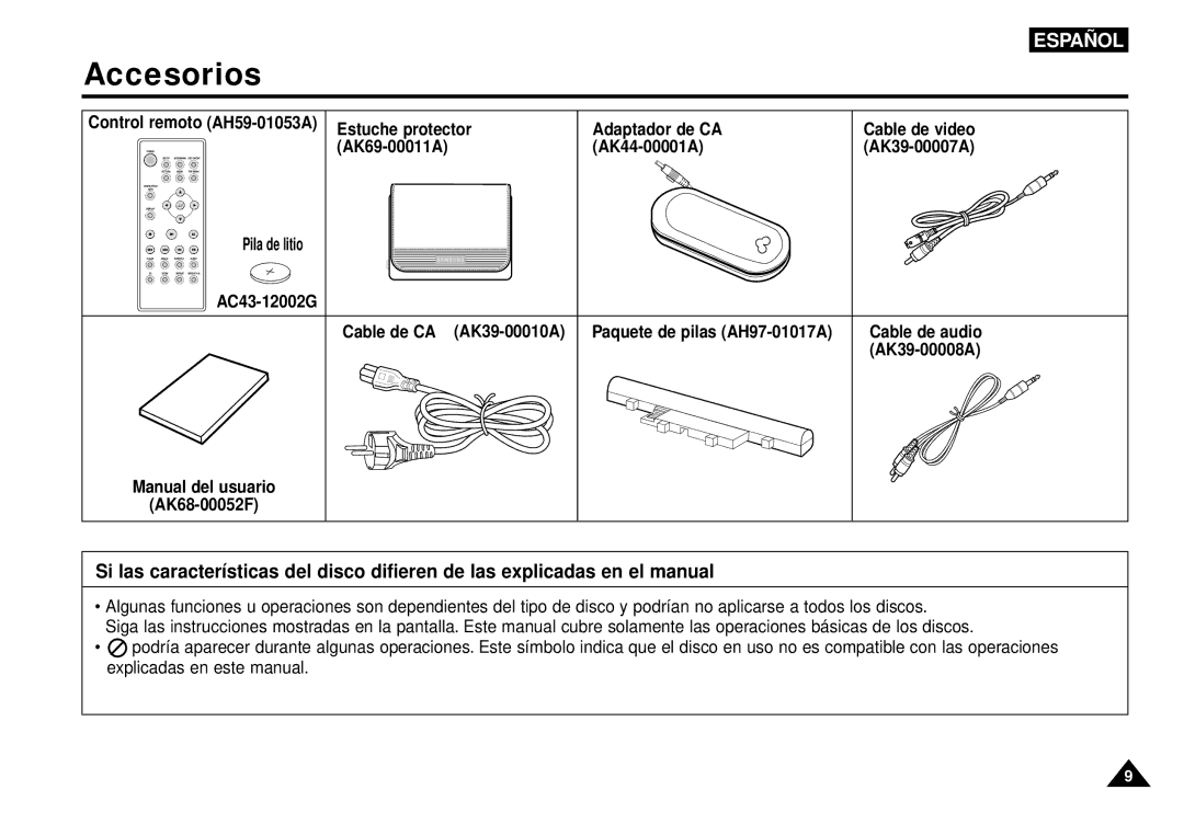 Samsung manual Accesorios, Estuche protector Adaptador de CA, AK69-00011A AK44-00001A, Manual del usuario AK68-00052F 