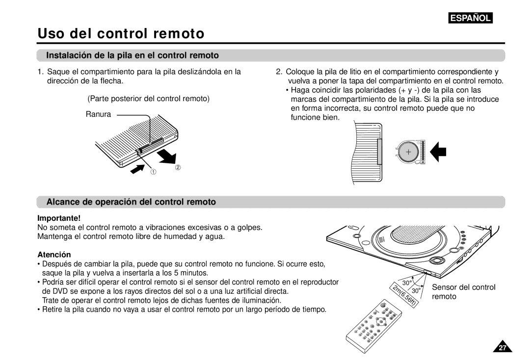 Samsung AK68-00052F manual Uso del control remoto, Instalació n de la pila en el control remoto 