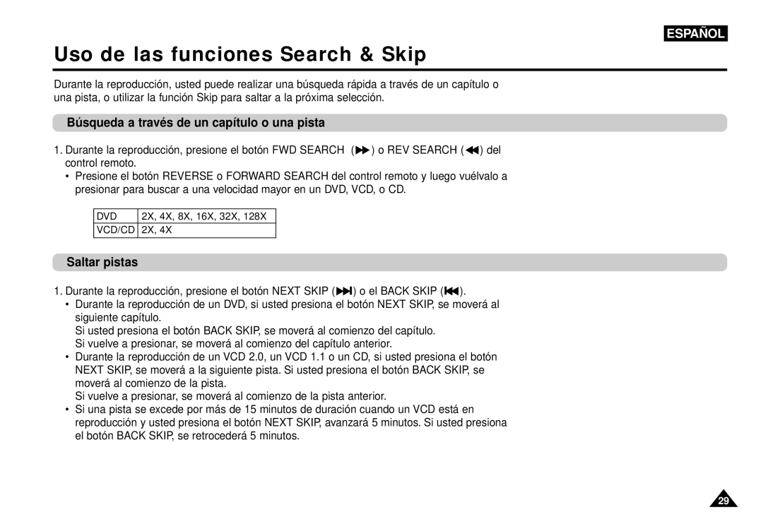 Samsung AK68-00052F Uso de las funciones Search & Skip, Bú squeda a travé s de un capítulo o una pista, Saltar pistas 