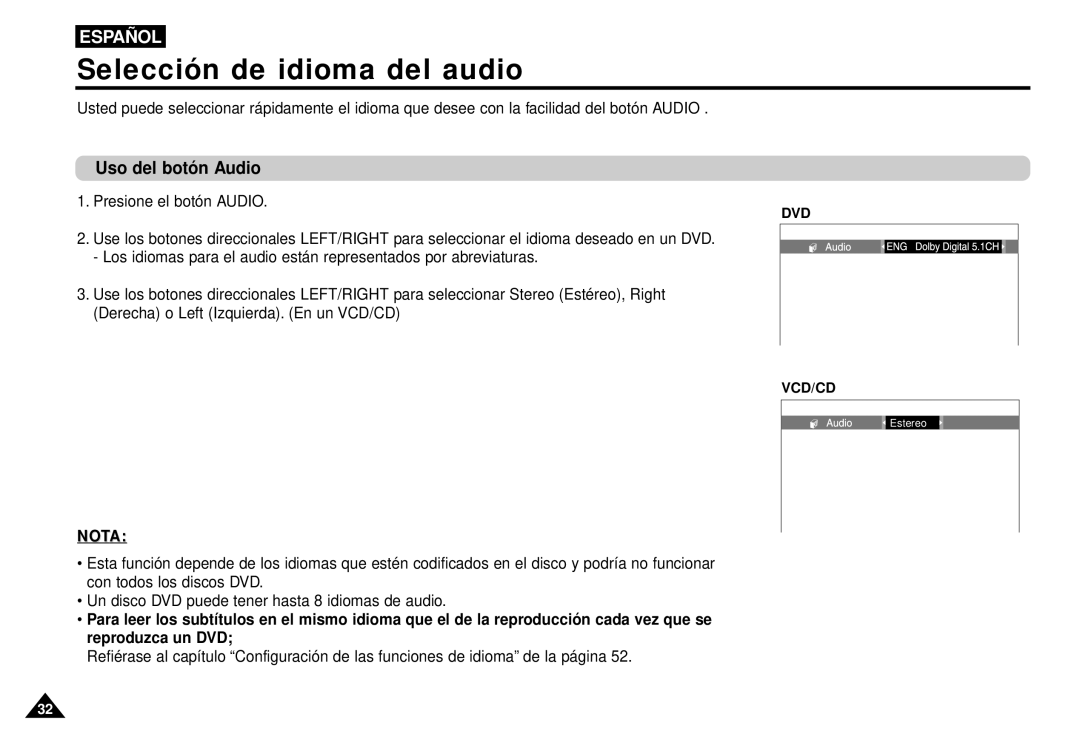 Samsung AK68-00052F manual Selección de idioma del audio, Uso del botó n Audio 