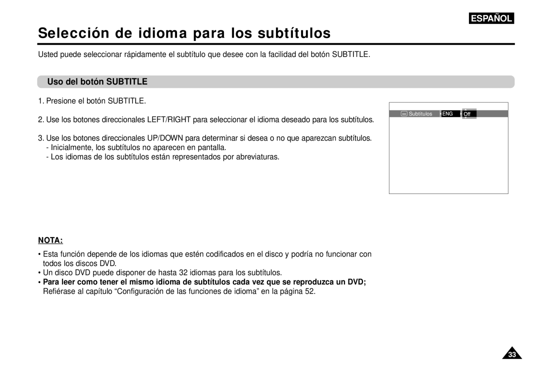 Samsung AK68-00052F manual Selección de idioma para los subtítulos, Uso del botó n Subtitle 