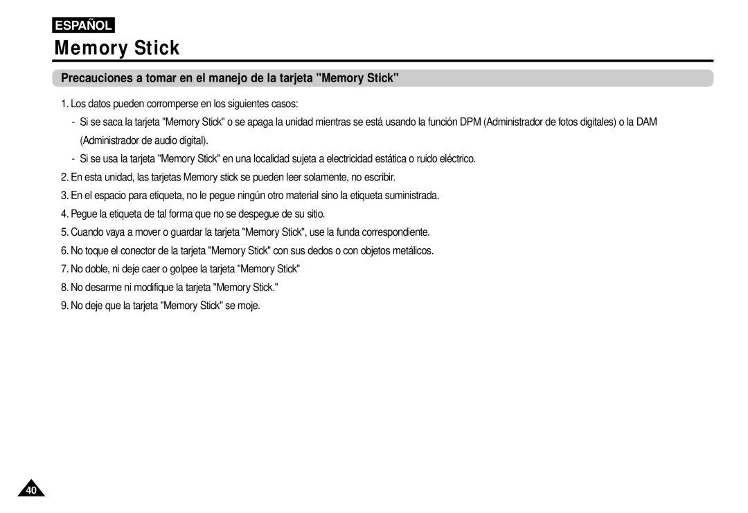 Samsung AK68-00052F manual Precauciones a tomar en el manejo de la tarjeta Memory Stick 