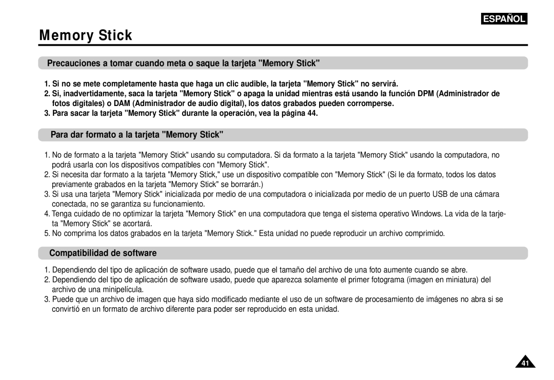 Samsung AK68-00052F manual Para dar formato a la tarjeta Memory Stick, Compatibilidad de software 