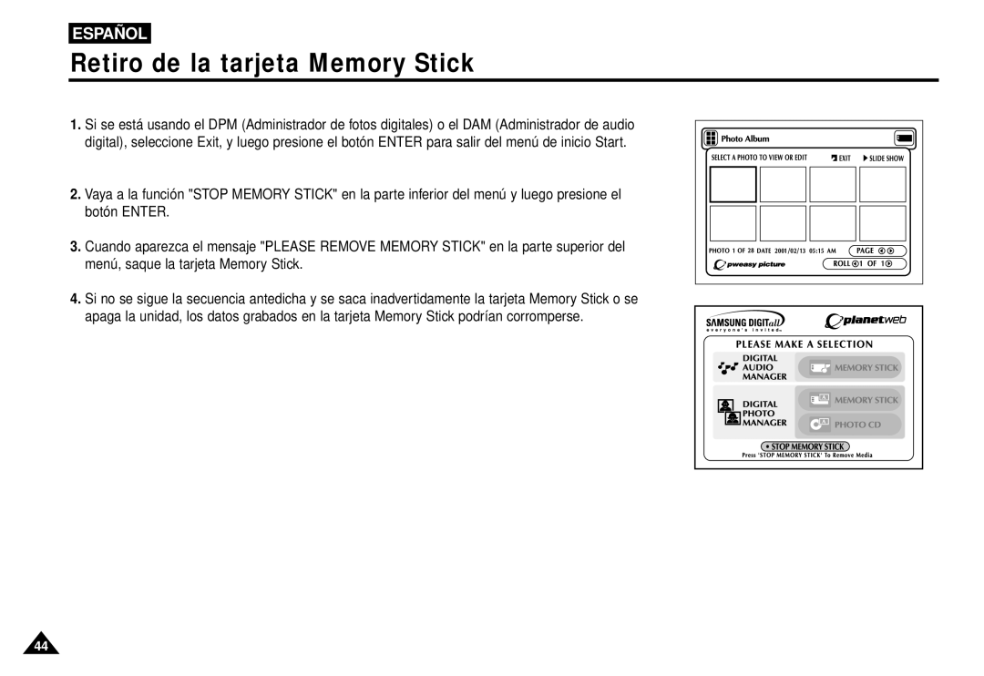 Samsung AK68-00052F manual Retiro de la tarjeta Memory Stick 