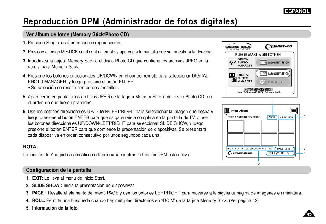 Samsung AK68-00052F manual Reproducción DPM Administrador de fotos digitales, Ver á lbum de fotos Memory Stick/Photo CD 