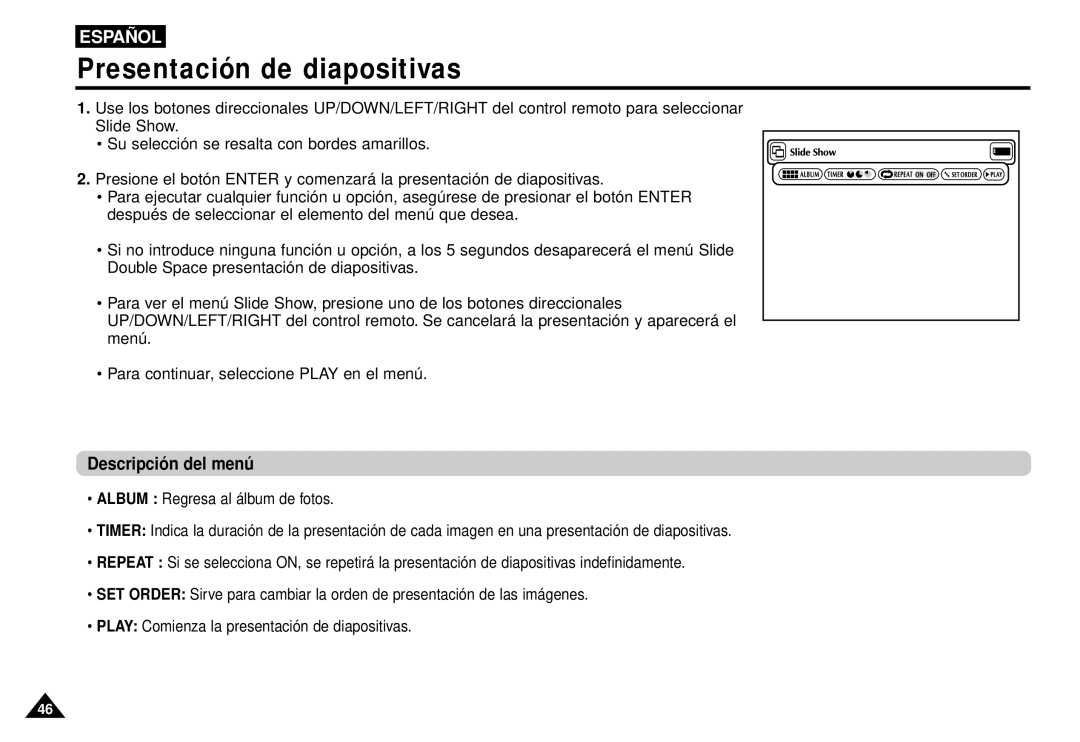 Samsung AK68-00052F manual Presentación de diapositivas, Descripció n del menú 