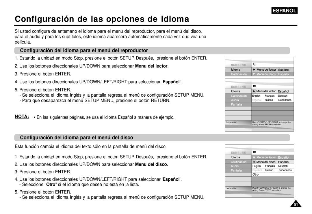 Samsung AK68-00052F manual Configuración de las opciones de idioma, Configuració n del idioma para el menú del reproductor 