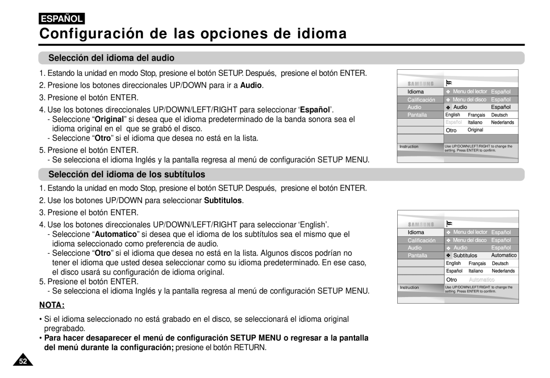 Samsung AK68-00052F manual Selecció n del idioma del audio, Selecció n del idioma de los subtítulos 