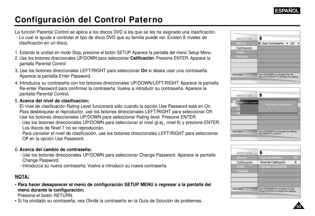 Samsung AK68-00052F manual Configuración del Control Paterno, Acerca del nivel de clasificació n 