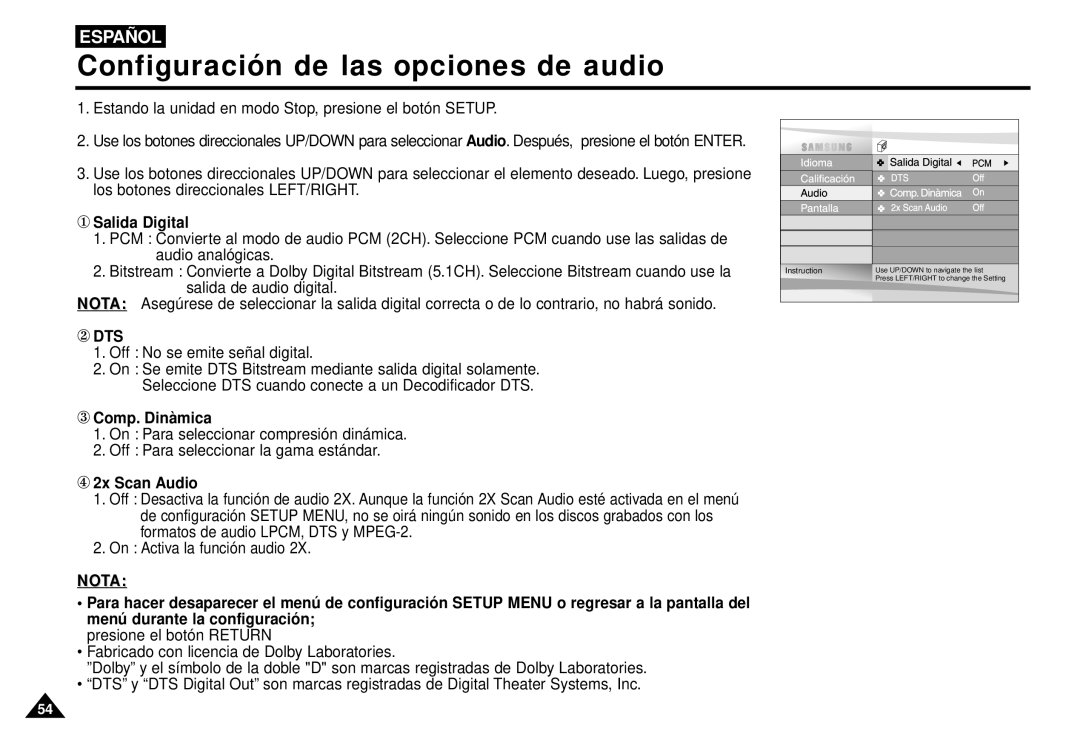 Samsung AK68-00052F manual Configuración de las opciones de audio, ① Salida Digital, ③ Comp. Dinà mica, ④ 2x Scan Audio 