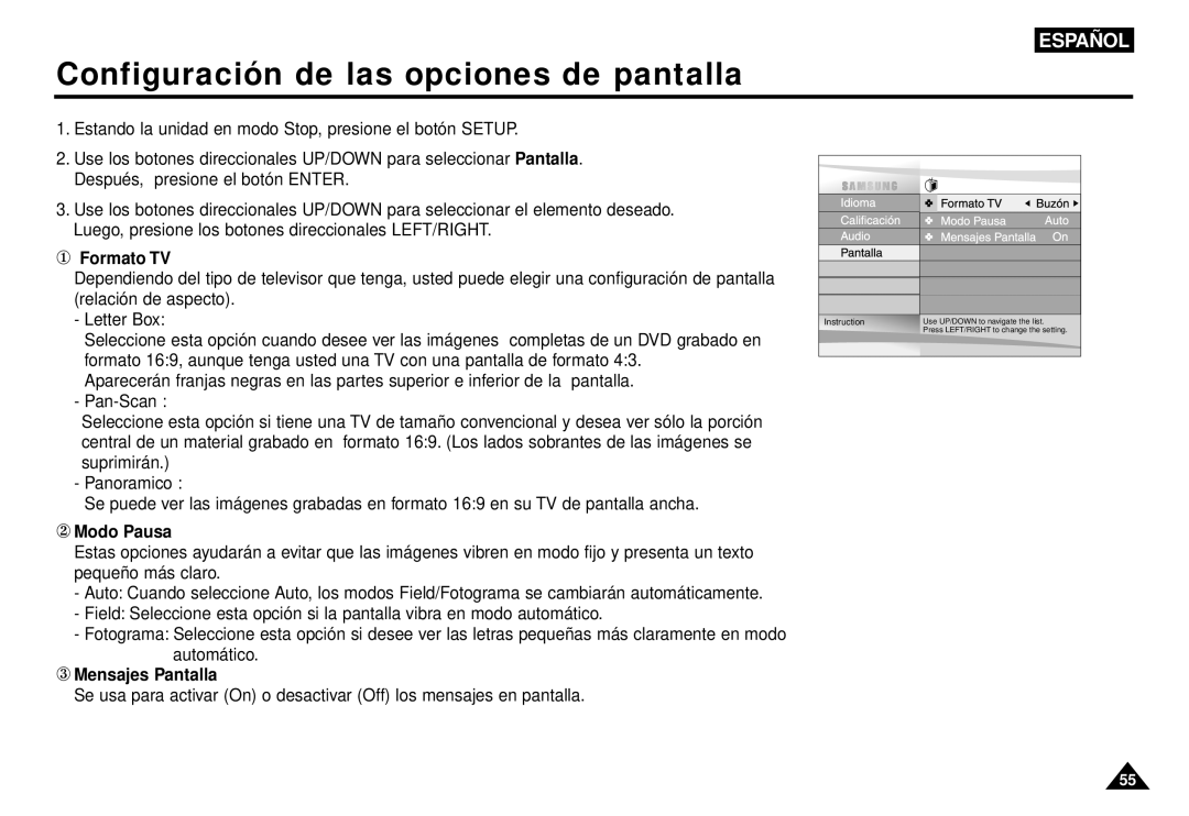 Samsung AK68-00052F manual Configuración de las opciones de pantalla, ① Formato TV, ② Modo Pausa, ③ Mensajes Pantalla 