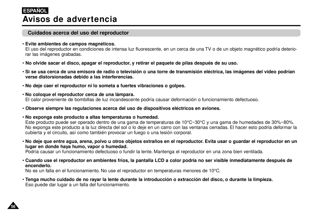 Samsung AK68-00052F Avisos de advertencia, Cuidados acerca del uso del reproductor, Evite ambientes de campos magné ticos 