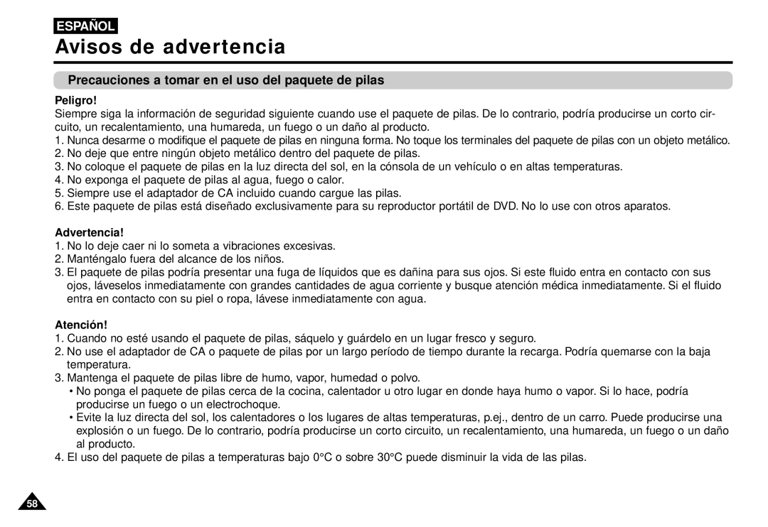 Samsung AK68-00052F manual Precauciones a tomar en el uso del paquete de pilas, Peligro 