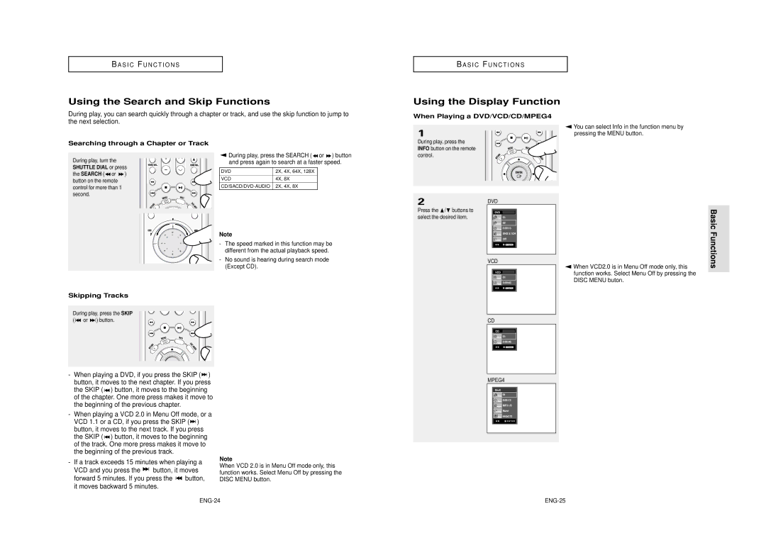 Samsung AK68-00640C manual Using the Search and Skip Functions, Using the Display Function, Basic Functions 