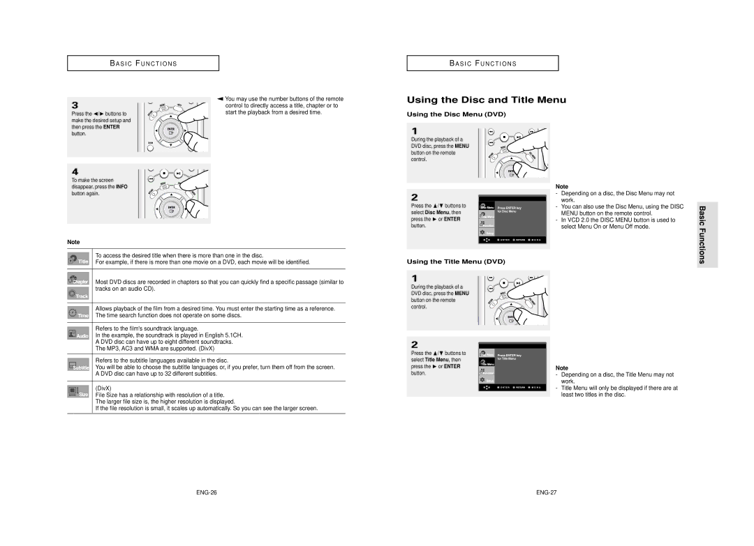 Samsung AK68-00640C manual Using the Disc and Title Menu, Using the Disc Menu DVD, Using the Title Menu DVD, ENG-27 