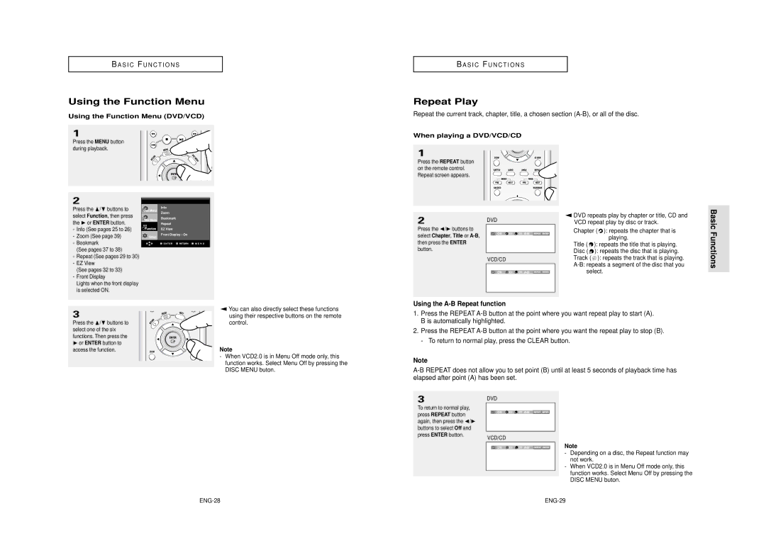 Samsung AK68-00640C manual Using the Function Menu, Repeat Play, Basic Functions, Using the A-B Repeat function 