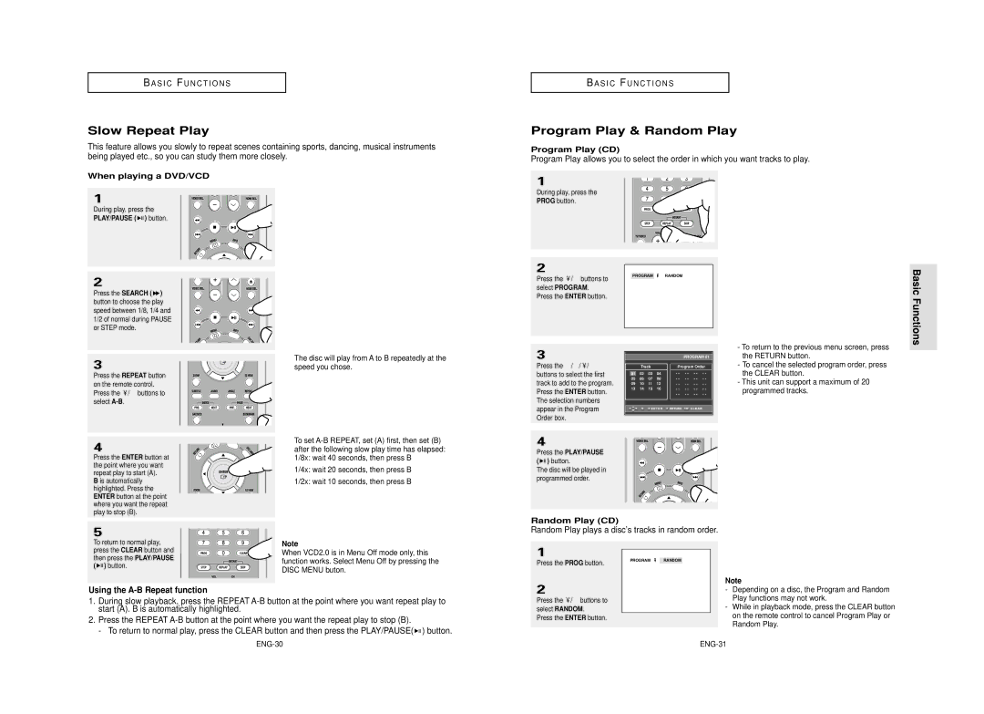 Samsung AK68-00640C manual Slow Repeat Play, Program Play & Random Play, When playing a DVD/VCD, Random Play CD 