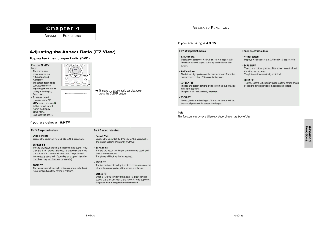 Samsung AK68-00640C manual Adjusting the Aspect Ratio EZ View, Advanced Functions, To play back using aspect ratio DVD 