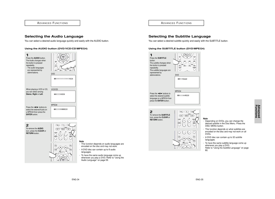 Samsung AK68-00640C Selecting the Audio Language, Selecting the Subtitle Language, Using the Audio button DVD/VCD/CD/MPEG4 