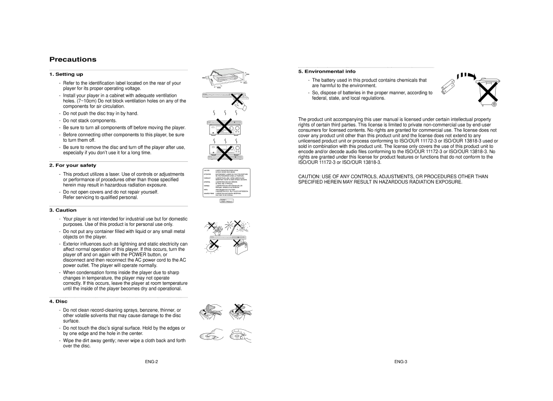 Samsung AK68-00640C manual Precautions, Setting up, For your safety, Disc, Environmental info 